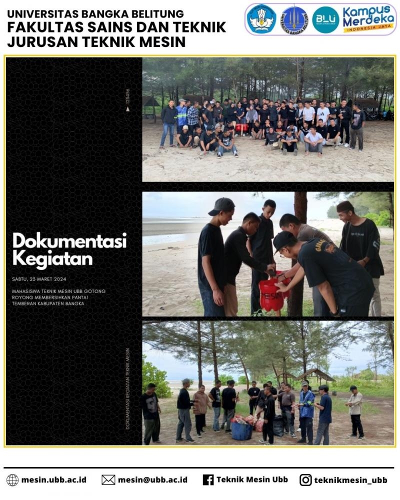 Kegiatan Mahasiswa Jurusan Teknik Mesin Gotong Royong Membersihkan Pantai Temberan, Bangka